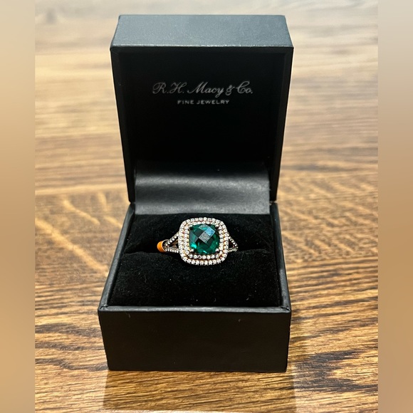 Lab created emerald earrings and ring. Ring size:7 Designer: R H Macy & Co - Picture 1 of 4